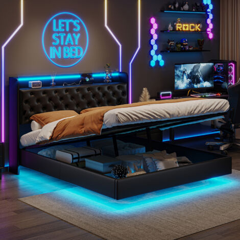 Letto 140x200 cm con rete a doghe, letto 140x200 cm, letto 140 cm, letto moderno con contenitore, illuminazione a LED telecomandata, testiera in PU, sospensioni sospese e presa di corrente