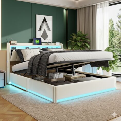Letto 140x200 cm - Letto contenitore 140x200 con rete e testiera contenitore - LED e porta ricarica - velluto - beige