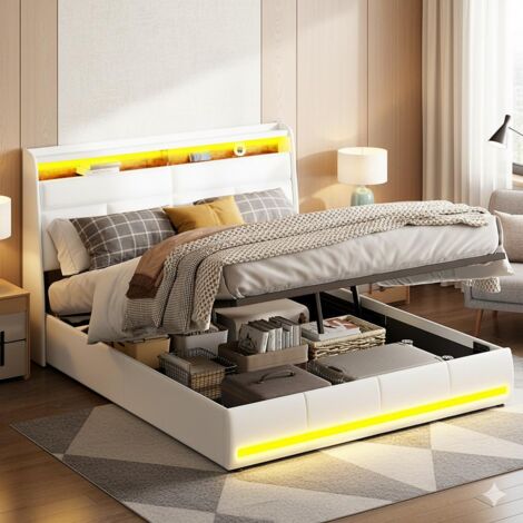 Letto 140x200 cm - letto contenitore 140x200 - letto matrimoniale LED Ambient - Testiera con ripiani - in PU - Bianco