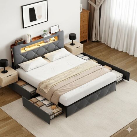 Letto 140x200 cm - Letto matrimoniale con 4 cassetti, testiera con LED RGB, stazione di ricarica (2 USB + Type-C) - in velluto grigio