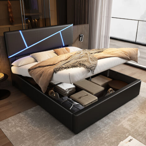 Letto 140x200 - Letto contenitore idraulico 140x200 con illuminazione a LED (APP), imbottito, base a 13 doghe, similpelle nera
