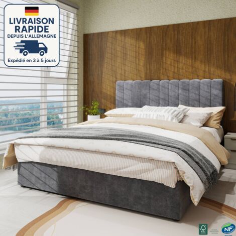 Letto 140x200 - Letto contenitore imbottito in tessuto - Rivestito in lana olandese - capitonné - minimalista ed elegante - Legno certificato PEFC - Grigio