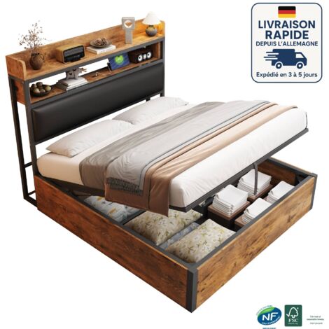Letto 140x200 - Letto contenitore - similpelle - Design vintage in legno e metallo - Porta di ricarica USB - idraulico - Nero