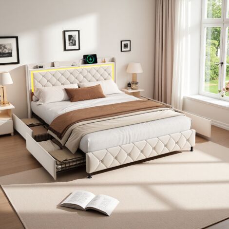 Letto 160x200 cm con LED - letto per adulti - tessuto in velluto - struttura del letto in metallo - beige