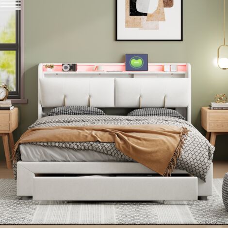 Letto 160x200 cm - COZY - LED - tessuto in velluto - rete - struttura letto matrimoniale 160x200 cm - bianco sporco