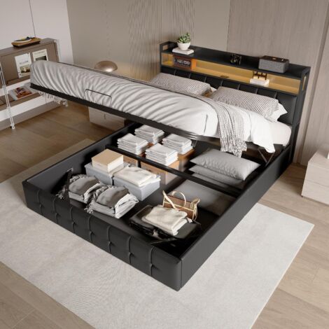 Letto 160x200 cm - Letto contenitore 160 e rete - Testiera imbottita con contenitore, LED RGB, USB e Type-C - Letto matrimoniale - in PU nero