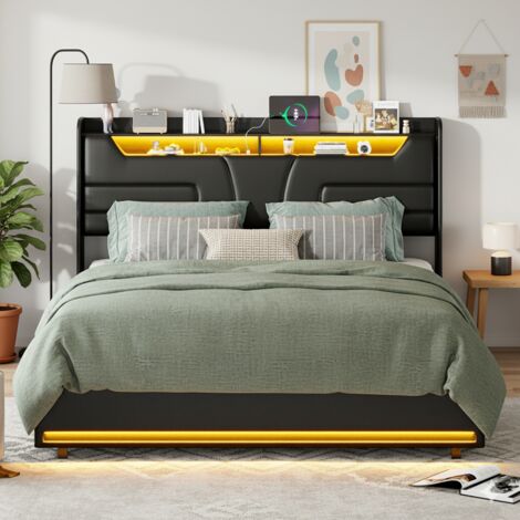 Letto 160x200 cm - letto contenitore 160 LED con rete e testiera con ripiani, portaoggetti - PU - Nero