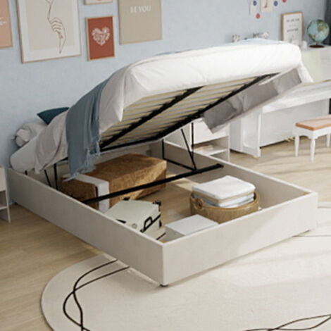 Letto 160x200 cm - letto contenitore 160x200 con rete a doghe - testiera e materasso non inclusi - in velluto olandese beige