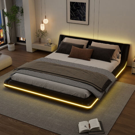 Letto 160x200 cm - Letto matrimoniale 160x200 - Letto a terra dal design moderno con LED e illuminazione d'ambiente collegata tramite app - in similpelle PU nera