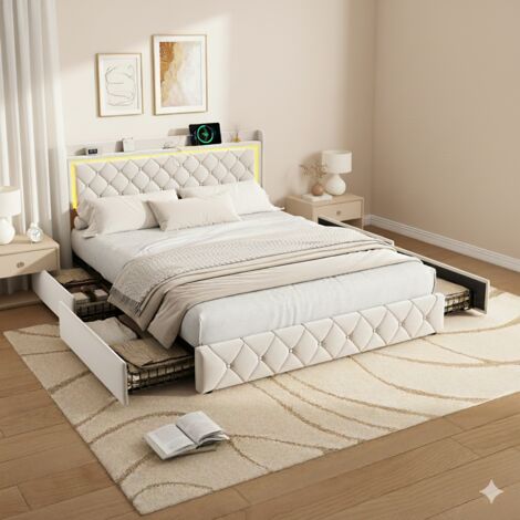 Letto 160x200 cm – letto matrimoniale 160x200 – letto imbottito in velluto con testiera LED, 4 cassetti e porte USB – letto 160x200 cm beige