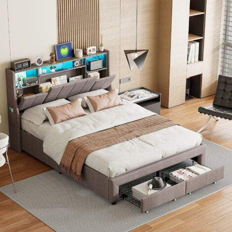 Letto 160x200 cm – Letto matrimoniale con testiera contenitore e illuminazione LED RGB – 2 cassetti e tasche laterali – Tessuto in lino grigio