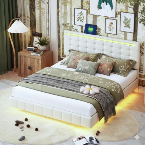 Letto 160x200 cm - Letto matrimoniale flottante 160 e rete - Testiera regolabile con LED RGB e 2 porte USB - in lino beige