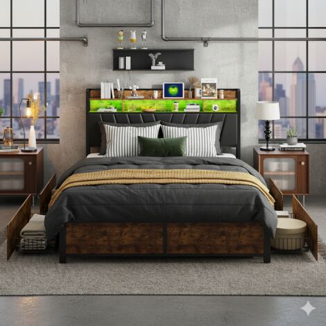 Letto 160x200 cm - struttura in metallo con rete e testiera LED con ripiani e presa di ricarica - stile industriale - nero