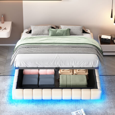 Letto 160x200 cm - Struttura letto contenitore con rete - letto sospeso - senza testiera - LED - Lino - Beige