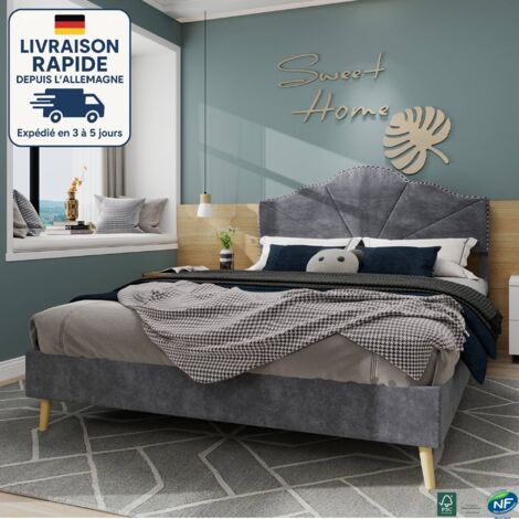 Letto 160x200 - Letto matrimoniale per adulti - Letto imbottito con rete a doghe - Rivestimento in lana olandese - capitonné - minimalista ed elegante - Legno certificato PEFC - Grigio