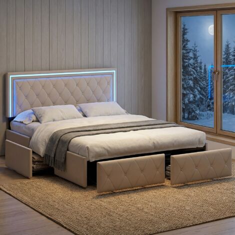 FORTUNA LAI Letto Matrimoniale 160x200 cm di Lusso - Struttura Letto Capitonné in Ecopelle PU Beige con 4 Cassetti e Illuminazione LED in Testiera