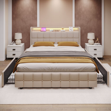 Letto 180x200 cm con cassetto, letto a led per adulti, letto imbottito beige con funzione di ricarica USB, struttura letto con 4 cassetti, senza materasso