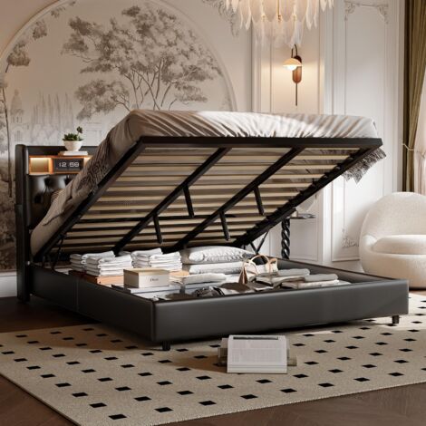 Letto 180x200 cm - Letto contenitore 180 e rete - Testiera LED RGB, contenitore integrato e porte di ricarica - PU nero