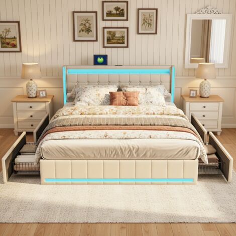 Letto 180x200 con 4 cassetti, letto matrimoniale imbottito - illuminazione LED USB/Type-C, rete a doghe - design moderno, tessuto di lino, Beige