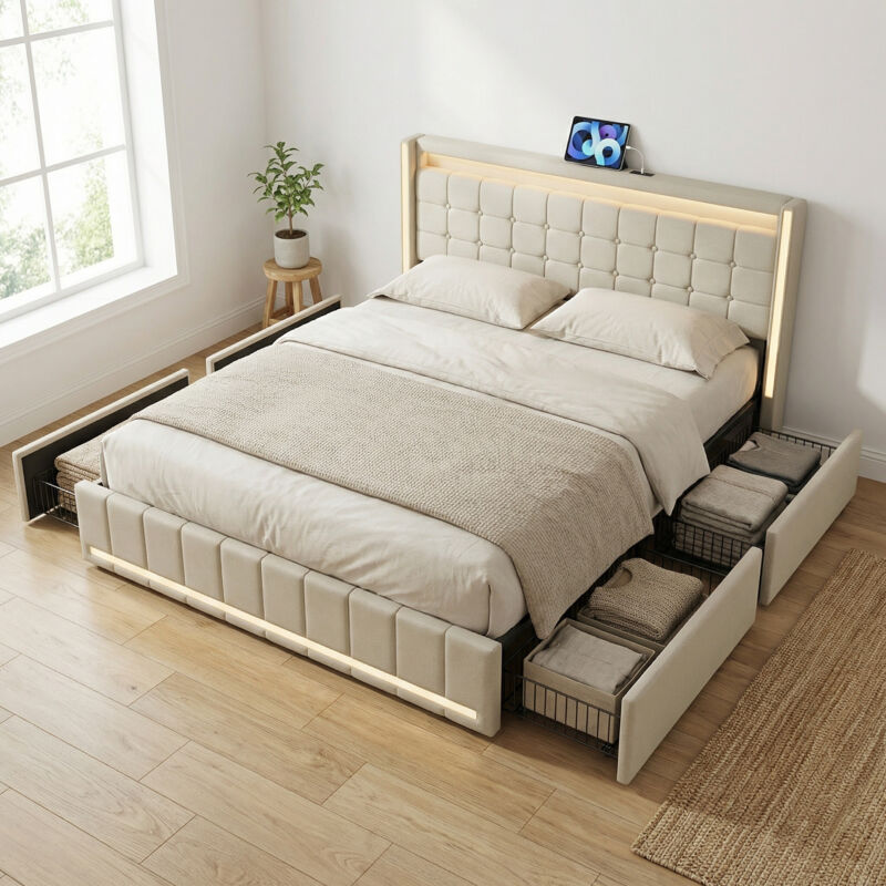 Lit 140x200 avec 4 tiroirs, lit double adulte avec éclairage LED, tête de lit avec prises USB/Type-C, tissu lin, style moderne/scandinave(140x200cm,