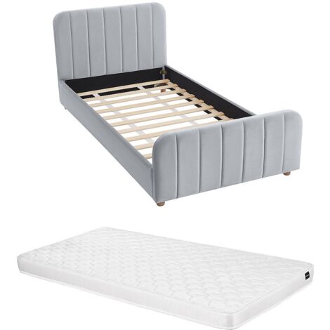Letto 90 x 190 cm Velluto con cuciture verticali Grigio + Materasso - ROGADI