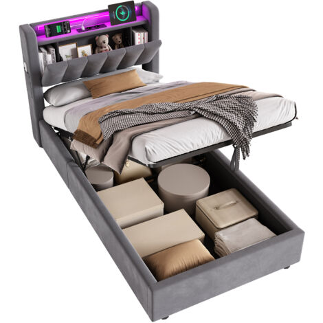 Letto 90x200 cm Imbottito con Cassone Idraulico, LED e USB Integrati, Velluto Morbido, Struttura MDF/Metallo - Soluzione Moderna che Risparmia Spazio