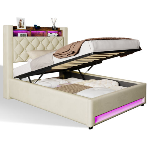 Letto 90x200 cm Imbottito Velluto Beige, Design Ergonomico con Schiuma Ad Alta Elasticità, Antimacchia Facile da Pulire - Comfort Ottimale