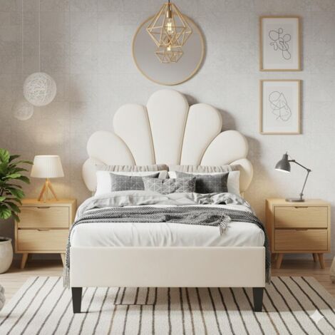Letto 90x200 cm - Letto imbottito per bambini 90x200 - Struttura letto con testiera floreale - Design elegante - in velluto beige