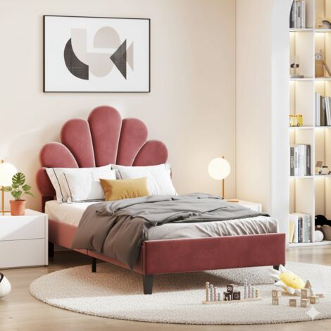 Letto 90x200 cm - Letto imbottito per bambini 90x200 - Struttura letto con testiera floreale - Design elegante - in velluto rosso