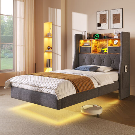 Letto 90x200 cm, letto singolo per bambini, testiera con contenitore, illuminazione a LED, rete a doghe, porte USB + Type-C, materasso non incluso, lino, grigio