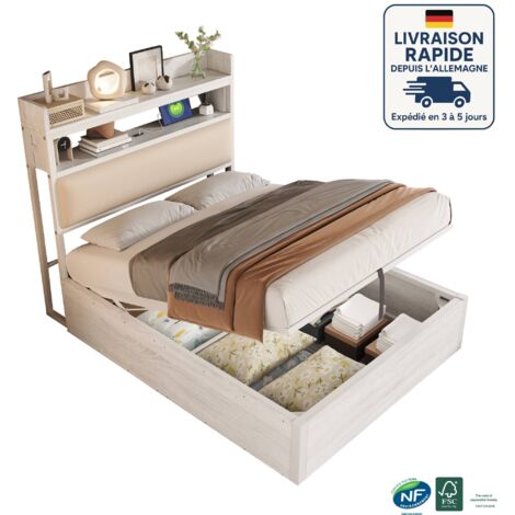 Letto 90x200 - Letto contenitore - similpelle - Design vintage in legno e metallo - Porta di ricarica USB - idraulico - Nero