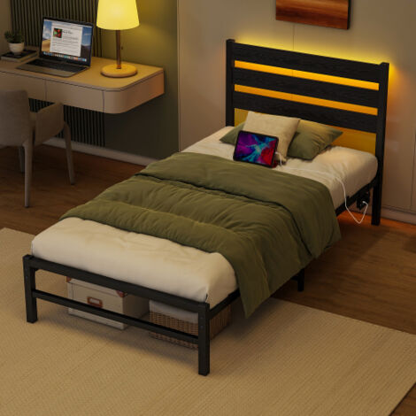 Letto 90x200 - Letto singolo 90x200 cm con LED RGB e porta USB, contenitore sotto il letto, struttura stabile in metallo e legno nero