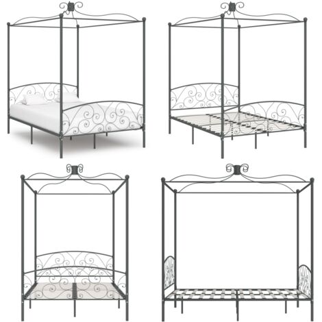 Letto a Baldacchino Grigio in Metallo 140x200 cm - Letto in metallo - Letto grigio