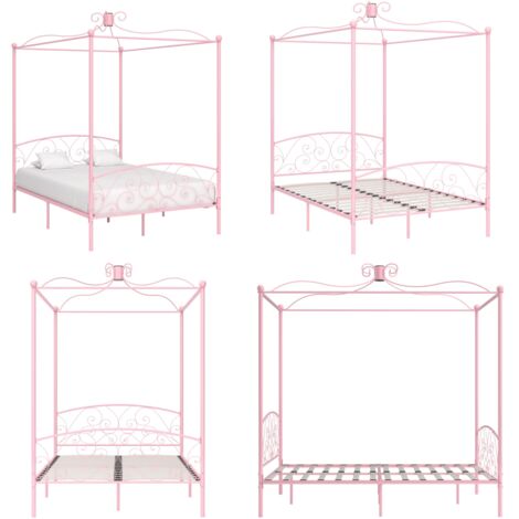 Letto a Baldacchino Rosa in Metallo 120x200 cm - Letto in metallo - Letto rosa