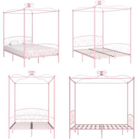 Letto a Baldacchino Rosa in Metallo 140x200 cm - Letto in metallo - Letto rosa