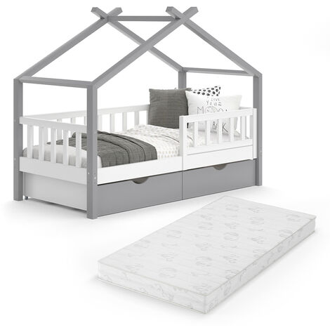 Lettino in legno - letto casetta - compreso materasso - 160x80 - con  barriere - bianco