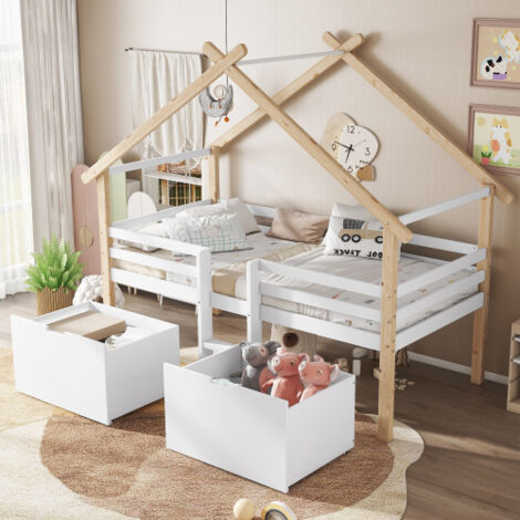 Letto a casetta per bambini 90x200 cm con scaletta, 2 vani contenitore su ruote, pino e MDF, bianco e naturale