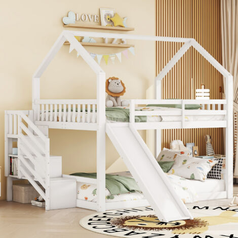 REDOM Letto a castello 140x200 cm con scala portaoggetti e scivolo, letto a castello, lettino per bambini con ringhiera, adatto a bambini, adolescenti, bianco