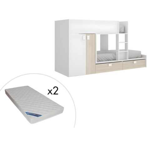 Letto a castello 2 x 90 x 190 cm - Armadio integrato - Bianco e Naturale + materasso - JUANITO