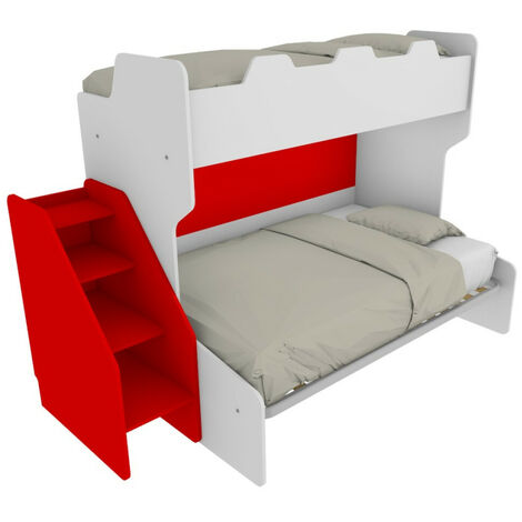Letto a castello 3 posti con terzo letto estraibile e scaletta contenitore - Una piazza e mezza - Bianco e Rosso