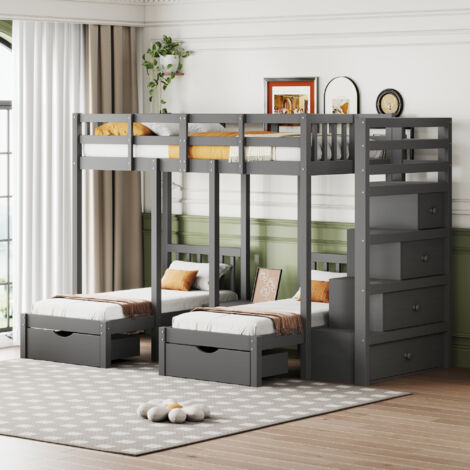 Letto A Castello Per Bambini 90x200 Cm - Soppalco Con Scaletta, Cassetti E Finestre, Naturale/Bianco