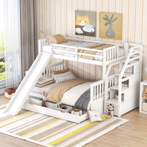 Letto a castello 90 x 200 x 140 x 200 con cassetti, contenitore e scivolo, multifunzione, bianco