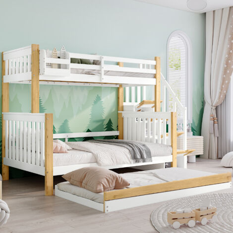 Letto a Castello 90×200 cm e 120×200 cm, Letto 3 Posti con Letto Estraibile, Contenitori e Scala, senza Materasso, Bianco Naturale