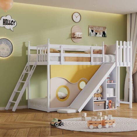 Letto a castello 90x200 cm con libreria, anticaduta e scivolo, bianco