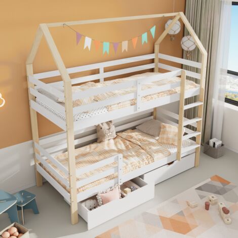 Letto a castello 90x200 cm con rete a doghe, letto a soppalco per bambini con 2 cassetti, struttura in legno di pino, senza materasso, bianco e legno