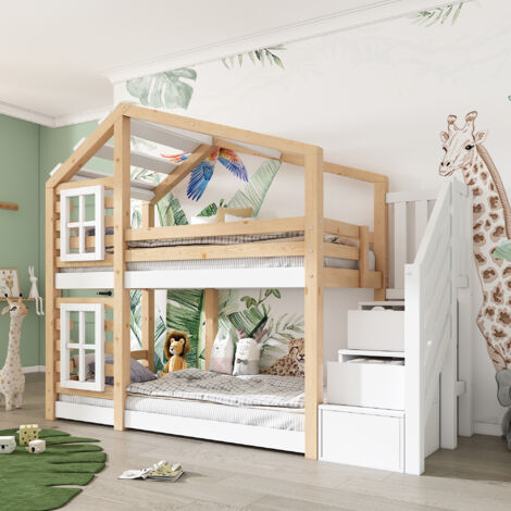 Letto a Castello 90x200 cm con Struttura con Contenitori Naturale e Bianco