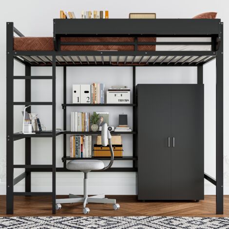 Letto a castello 90x200 cm con tavolo, armadio, ampi vani portaoggetti e scaletta a 5 gradini, ferro + truciolato, nero