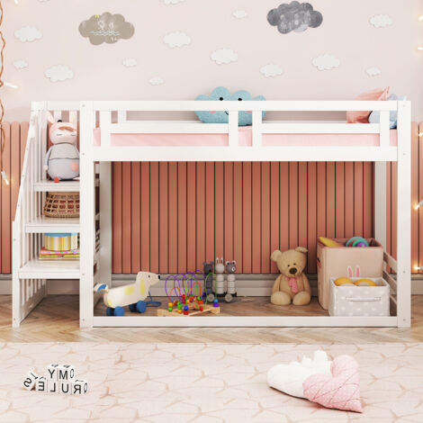 Letto a castello 90x200 cm - Letto bambino con scala di sicurezza, barriera anti-caduta e rete a doghe, Design moderno, Bianco