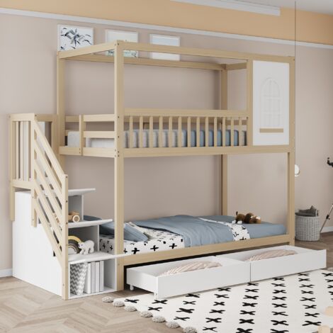 Letto a castello 90x200 cm - letto per bambini con finestre, spondina, cassetti e scaletta - in legno massello - legno