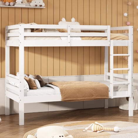 HAUSS SPLOE Letto a castello, 90x200 cm, letto per bambini con scala angolare a tre livelli e protezione anticaduta, letto singolo, struttura in pino, bianco